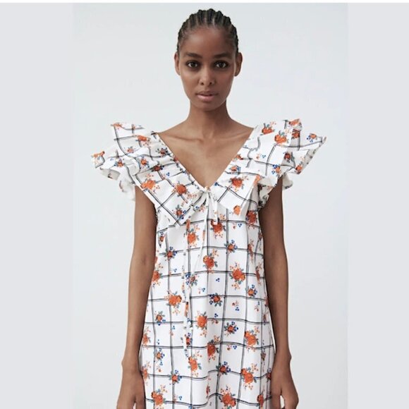 Zara Women's Floral Print V-Neck A line Ruffle Dress White/Multi Size Small - Picture 1 of 16